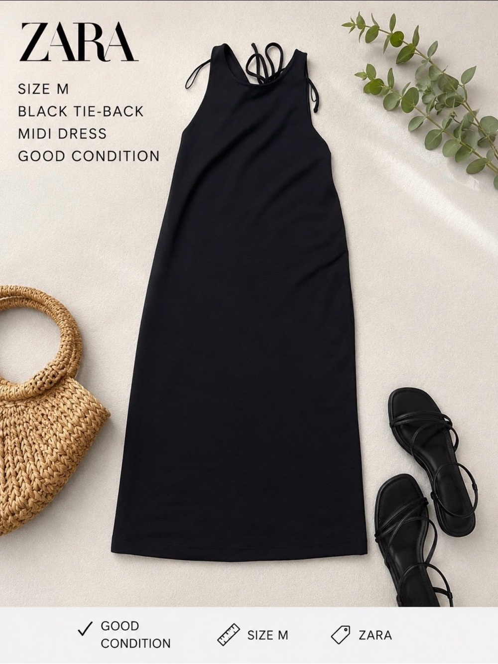 Zara Black Sleeveless Tie-Back Midi Dress